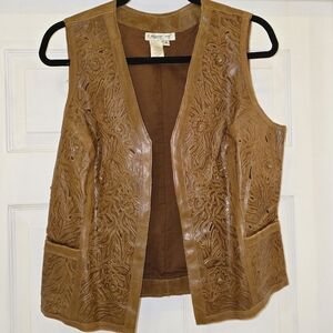 Coldwater Creek Tan Leather Tooled Floral Vest